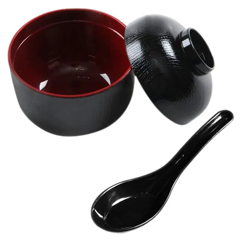 1 Комплект мисо-мисочки из меламина в японском стиле, миска для супа с крышкой, маленькая миска для супа, миска в японском стиле с ложкой, миска для рамена