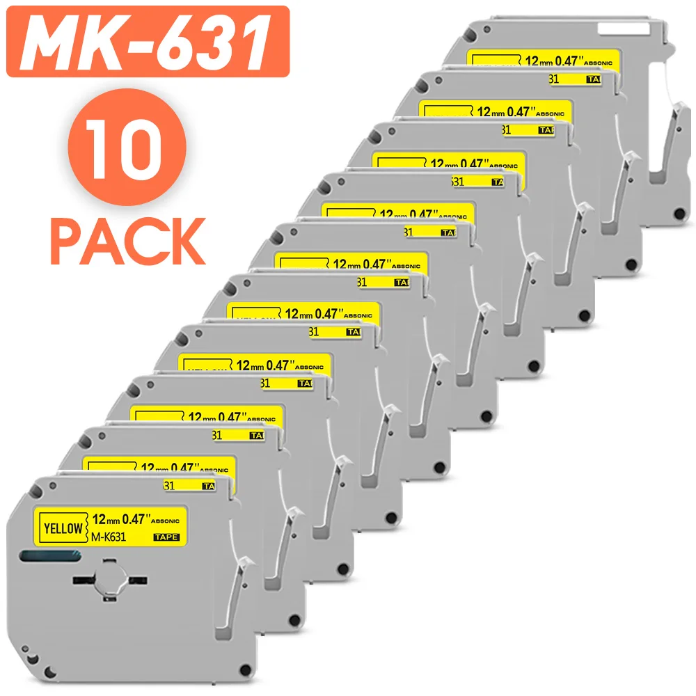 10 штук ленты MK-631, Совместимой с Brother MK 631, Черная на желтом 12 мм Лента для принтера Brother P-touch PT-70 PT-80 Labeller