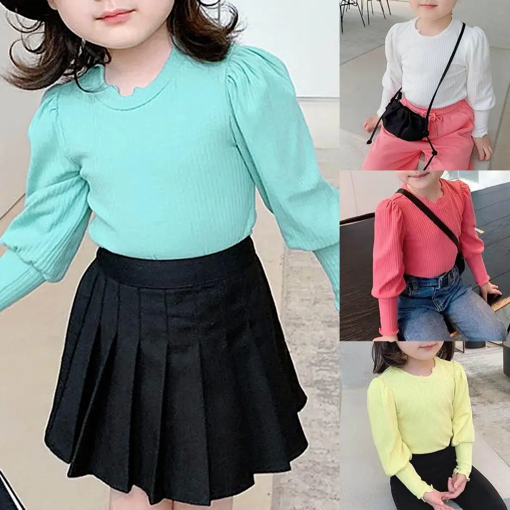 2021, Весенне-осенняя мода, Новая одежда для маленьких девочек, Вязаный свитер с длинными пышными рукавами и круглым вырезом для маленьких девочек, детская рубашка