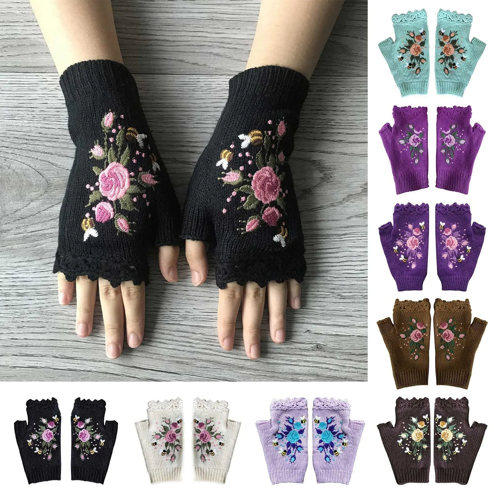2023 Перчатки с ручной вышивкой Женские Вязаные перчатки Цветочные перчатки Перчатки Варежки для женщин в холодную погоду с подогревом