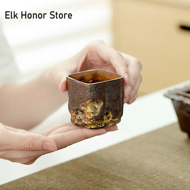 80 мл Керамическая чайная чашка в стиле ретро Old Rock Mud Creative Rust Red Gold Star Master Cup Квадратная Чайная чаша Коллекция чайных сервизов и принадлежностей