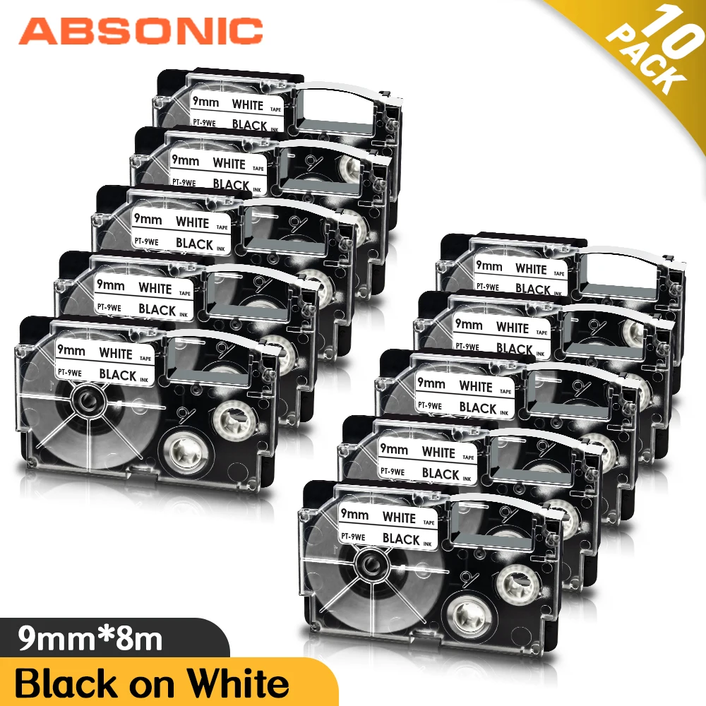 Absonic 10ШТ для Casio Label Tape XR-9WE 9 мм Расходные материалы для принтера Черным по белому, Совместимые с Casio KL-60 KL-100 KL-120 KL-750 KL-820