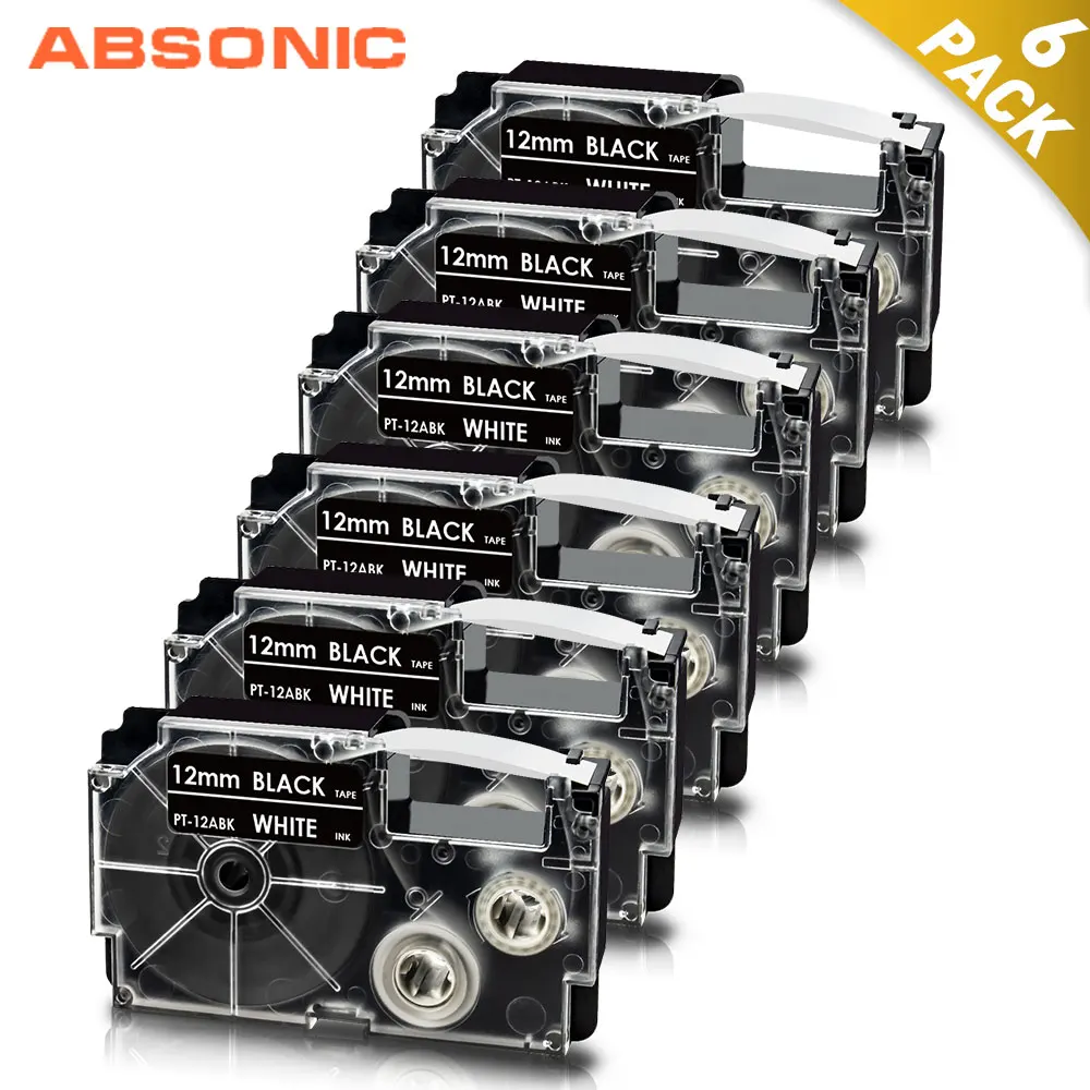 Absonic 6PK Белая на черном Лента для этикеток 12 мм для принтера Casio XR-12ABK XR12ABK Картридж для ленточных этикеток для принтера Casio KL-60 LabelMaker