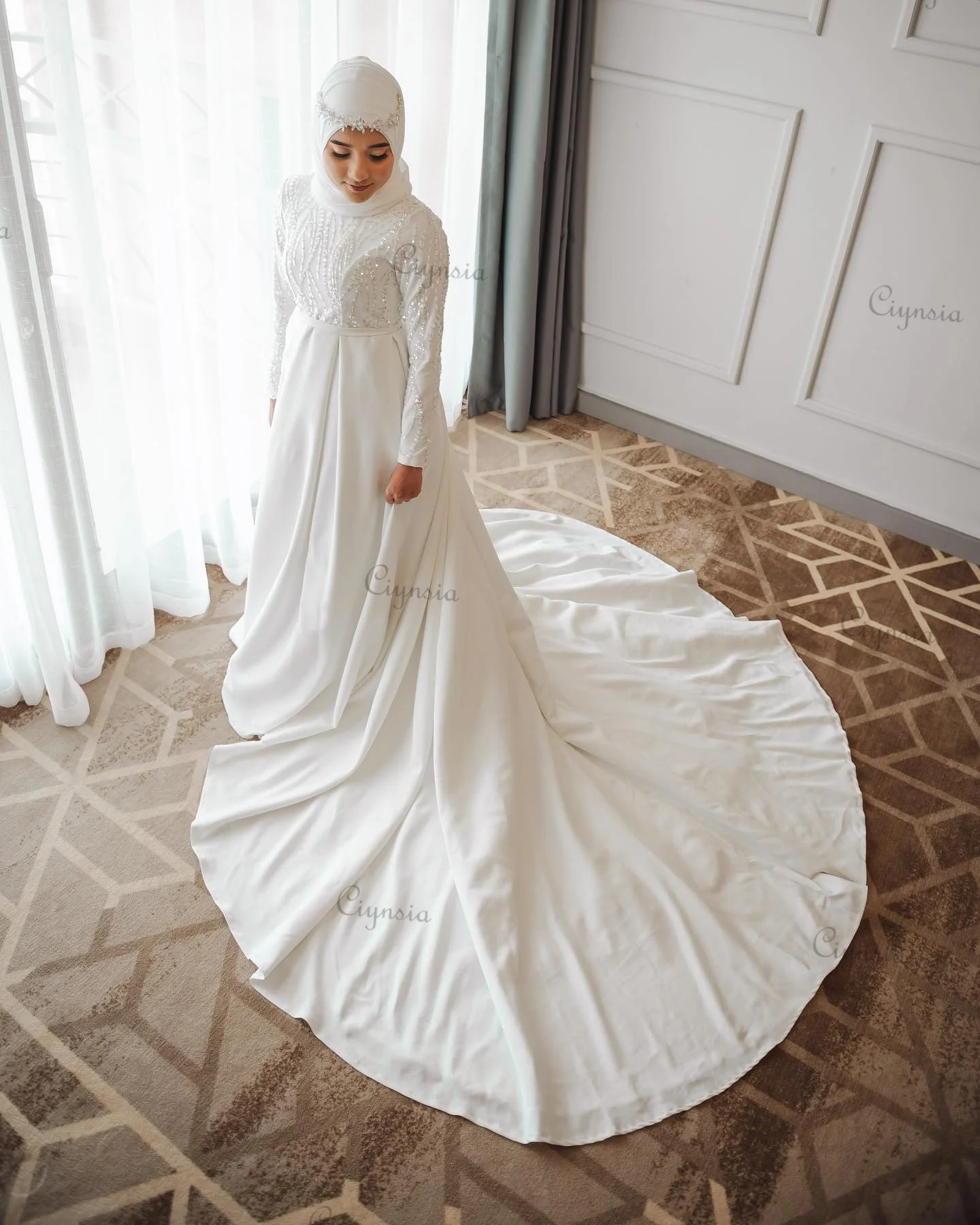 Ciynsia Простые Дубайские Мусульманские Свадебные Платья для Невесты Hijab Robe De Mariée Роскошные Бусы Кружевное Свадебное Платье Трапециевидной Формы С Длинным Рукавом 2024