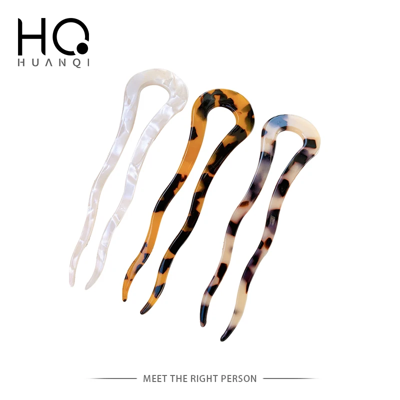 HUANZHI 2021, Новые Леопардовые ацетатные геометрические U-образные палочки для волос, головной убор для женщин, Аксессуары для волос для девочек