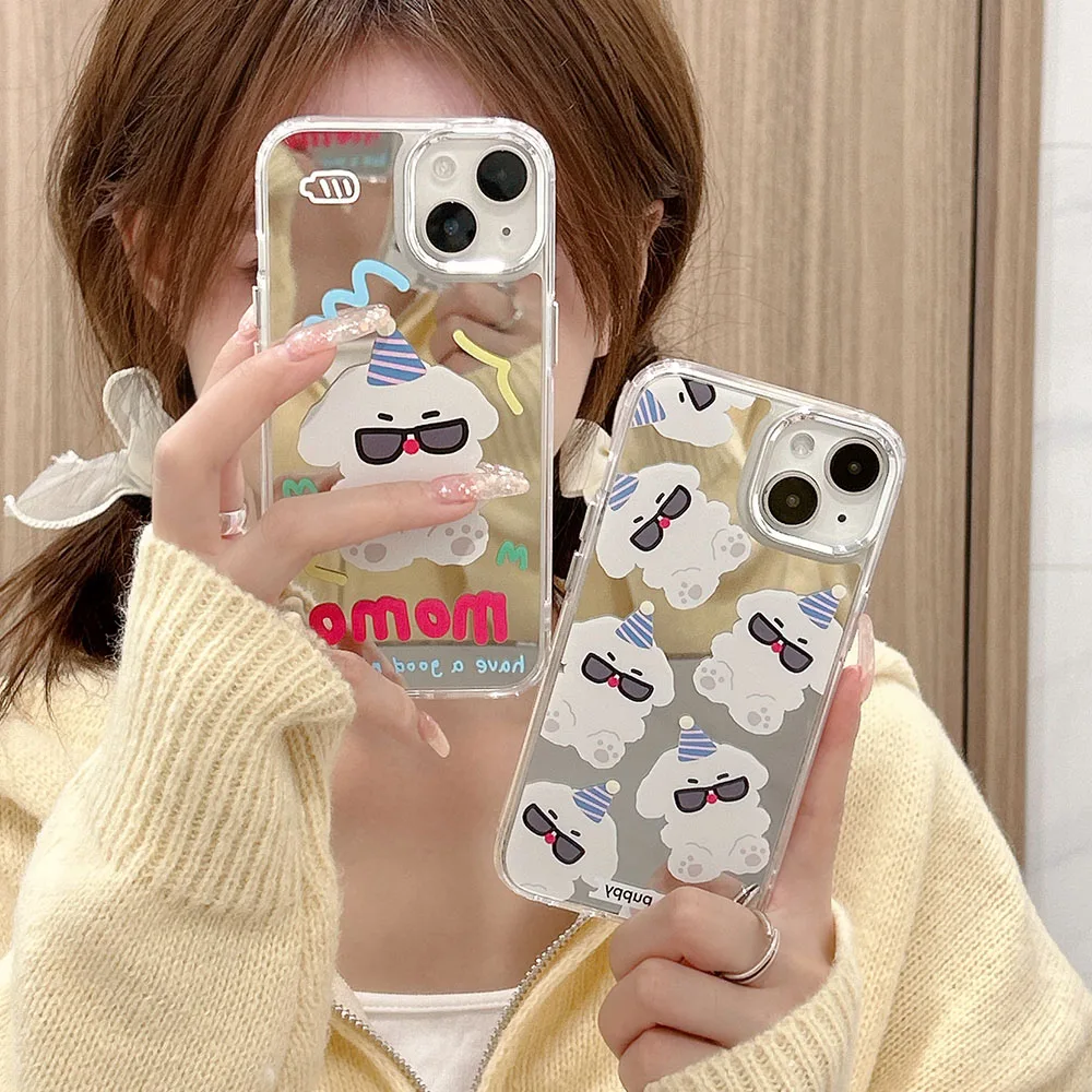 Ins Корейское стильное зеркало с гальваническим покрытием, милые солнцезащитные очки, чехол для телефона с собакой для iPhone 14 13 12 Pro Max 11, противоударная задняя крышка