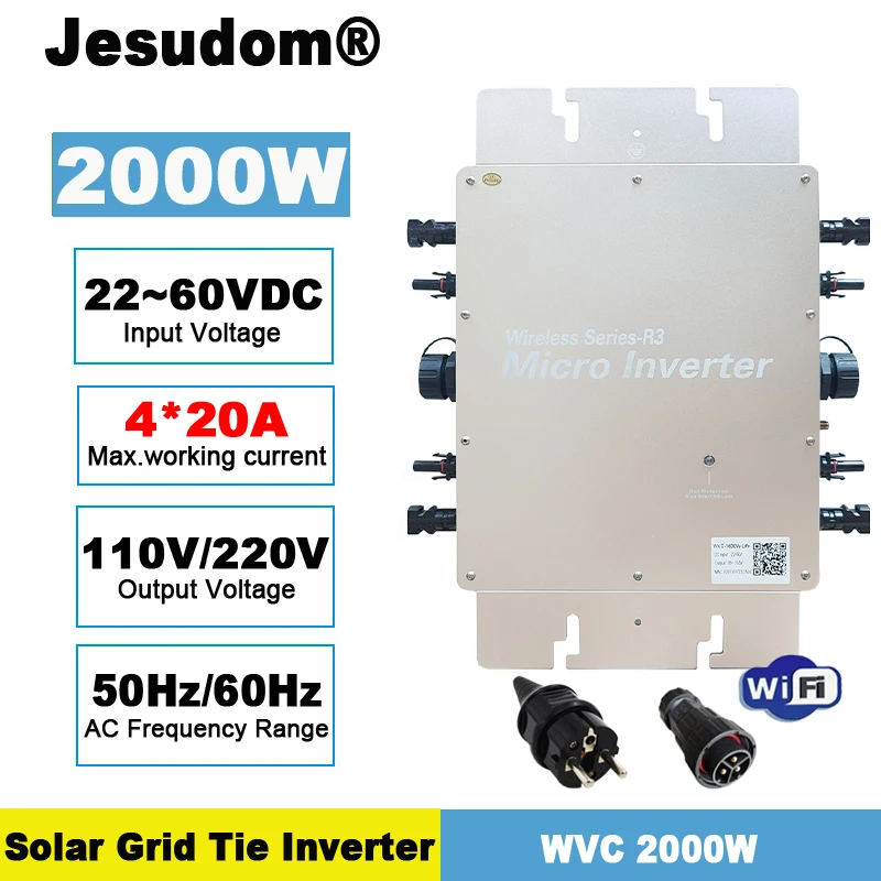 Jesudom 2000W 2400W Micro Tie Grid Инвертор от 22V ~ 60VDC до 110V/ 230VAC Чистая Синусоидальная Волна MPPT Выход с Мониторингом приложения