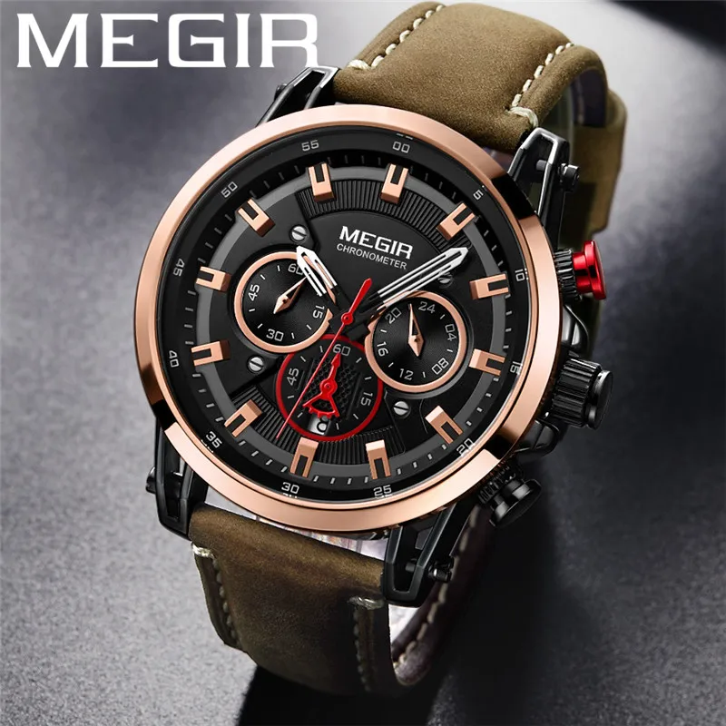 MEGIR Мужские спортивные наручные часы с водонепроницаемым хронографом, мужские часы в стиле милитари, лучший армейский бренд класса люкс, Натуральная кожа, Новые мужские часы 2085