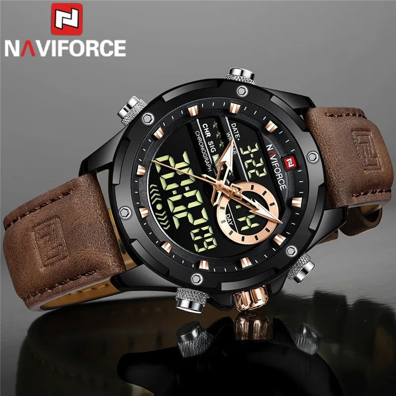 NAVIFORCE Мужские часы Digital Sport Лучший бренд класса Люкс Мужские наручные часы Милитари Коричневые Кварцевые Деловые Мужские часы из натуральной кожи 9208