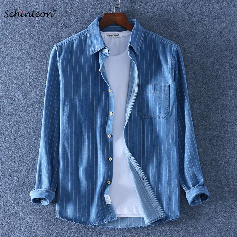 Schinteon/ Новая джинсовая рубашка в полоску из 100% хлопка с длинными рукавами, тонкие повседневные однотонные простые удобные осенние рубашки