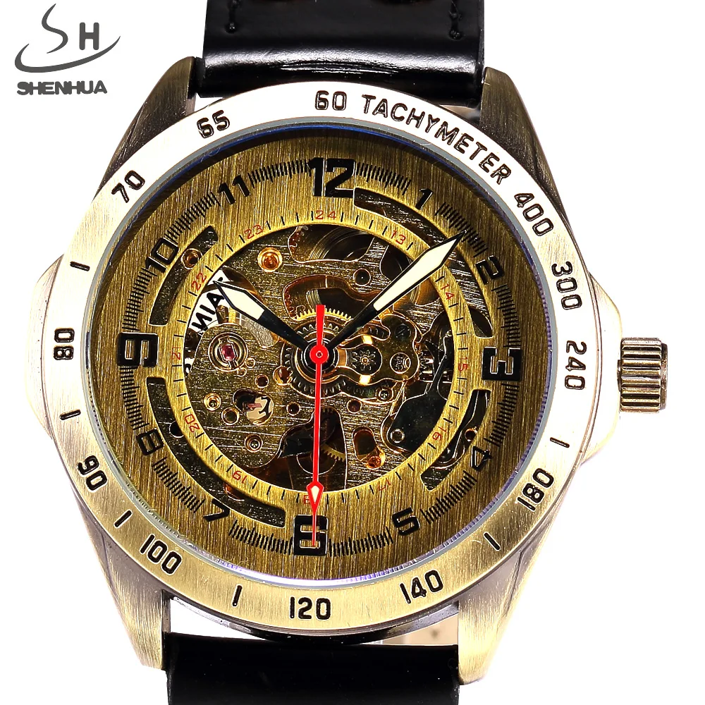 Антикварные Механические часы SHENHUA с автоматическим скелетоном, мужские Бронзовые Спортивные наручные часы в стиле ретро в стиле стимпанк, кожаные часы Relogio Masculino