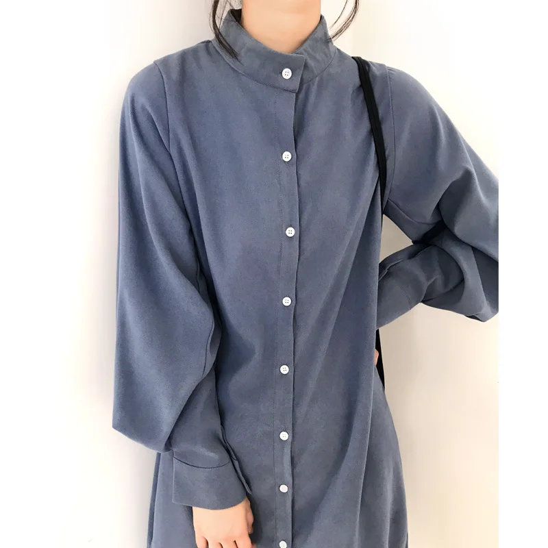 Бело-синее платье-рубашка Миди цвета Хаки Осень-весна с длинным рукавом для подиума 2022 Корейское платье-рубашка Повседневные Уличные Винтажные Длинные рубашки Новые