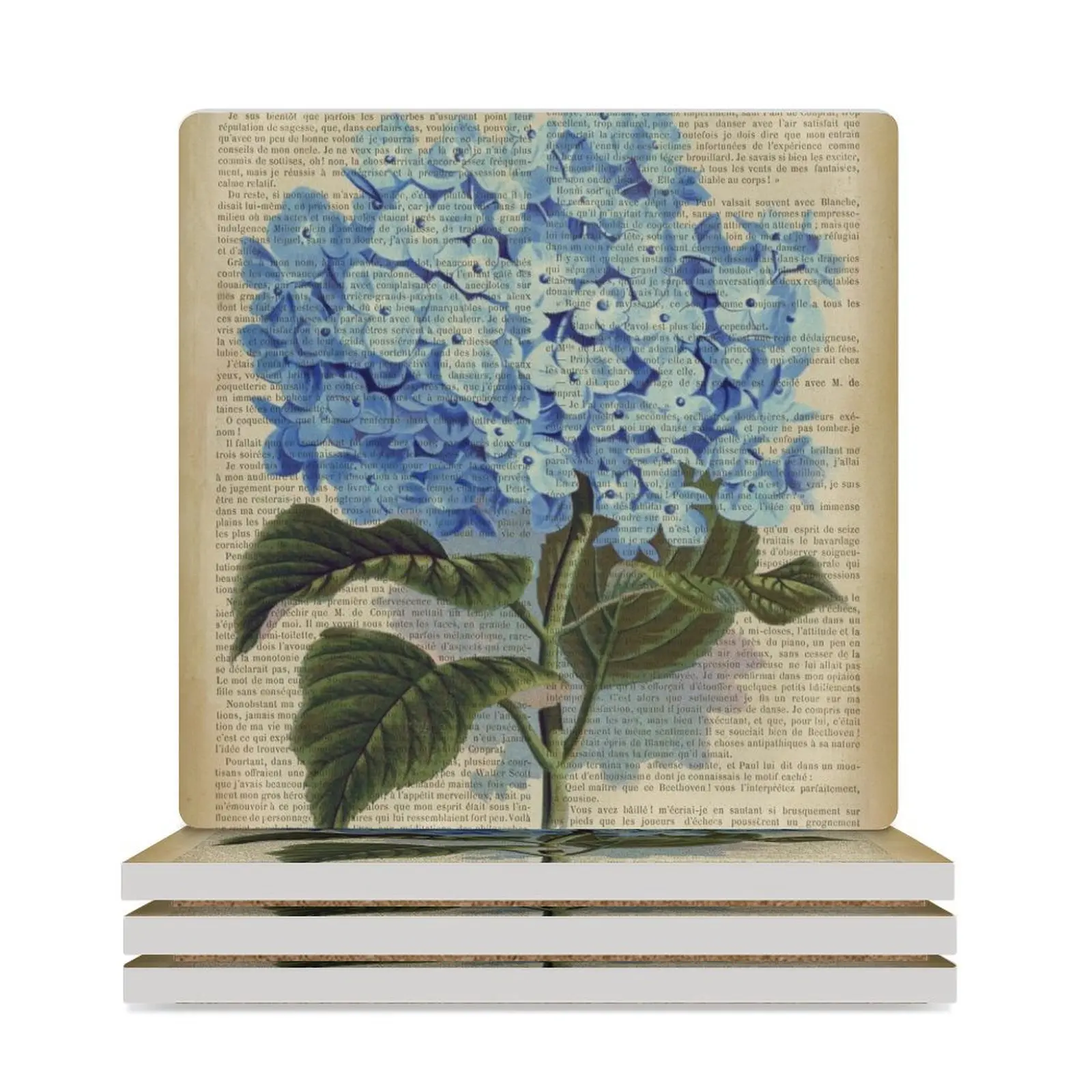 Ботанический принт на странице старой книги - Голубые цветы гортензии Керамические Подставки (Квадратные) для тарелок, милые Подставки для чашек