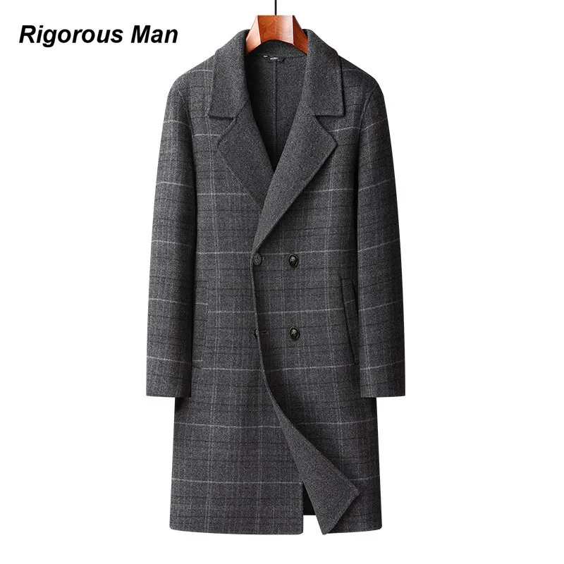 Брендовое длинное пальто из 78% шерсти, мужское, осенне-зимнее, деловое, серое, в клетку, двубортное, двустороннее шерстяное мужское пальто высокого качества