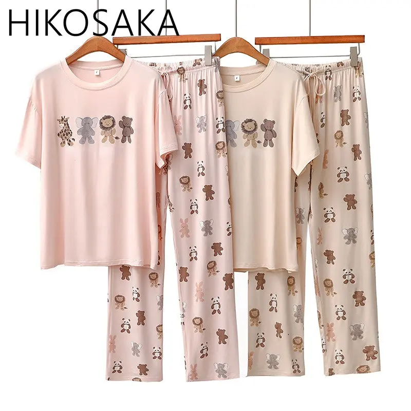 Весенне-летняя японская модальная пижама, женские брюки с короткими рукавами и мультяшными животными, домашний костюм, свободный мягкий удобный комплект пижамы