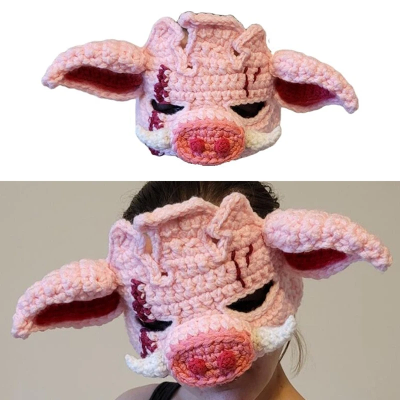 Вязаная крючком 3D маска для лица свиньи, балаклава, шляпа для взрослых, косплей-костюм для подростков.
