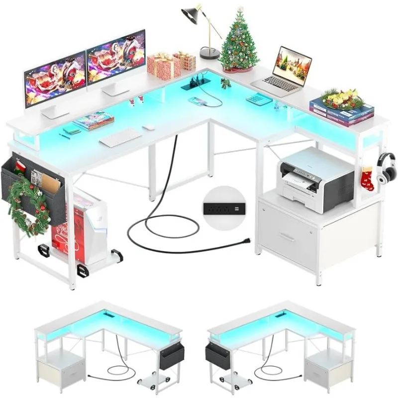 Г-образный Письменный стол с Розеткой и светодиодной лентой, Реверсивный Г-образный Компьютерный стол с Ящиком для Папок, Угловой Письменный стол