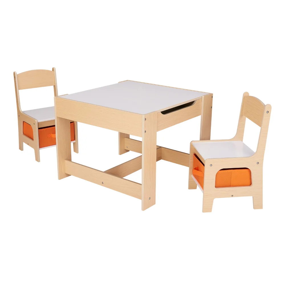 Детский деревянный стол и стул для хранения, прочный и долговечный, простой в сборке, натуральный цвет, меламин, комплект из 3 предметов