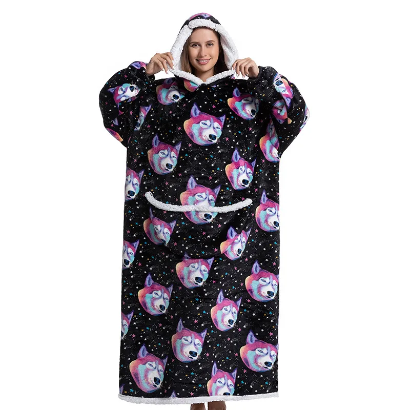 Длинная толстовка с капюшоном Ночная рубашка фланелевый черный пуловер с принтом собаки Зимние толстовки Толстовка Гигантское одеяло для телевизора пижамы