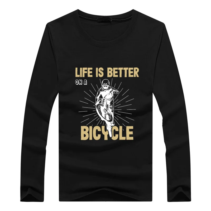 Езда на горном велосипеде - жизнь на велосипеде становится лучше, футболка с круглым вырезом и длинным рукавом Оверсайз Для мужчин, Хлопковая футболка, Повседневные топы