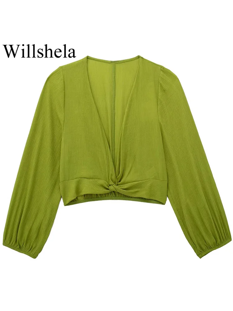 Женская мода Willshela С узлом, зеленая плиссированная укороченная блузка, винтажные рубашки с V-образным вырезом и длинными рукавами, женские шикарные рубашки для леди