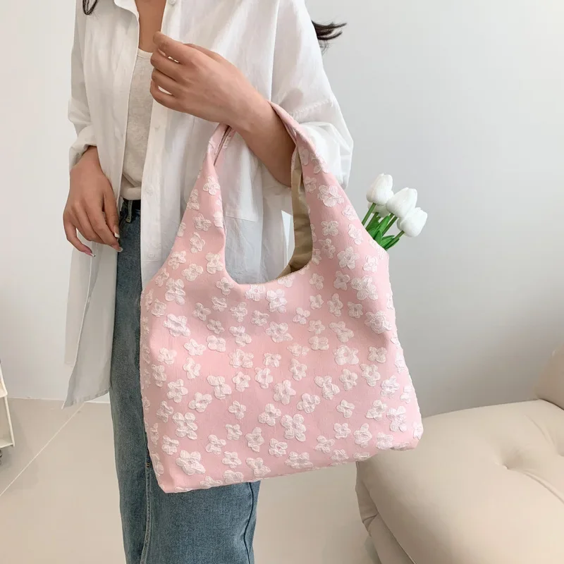 Женская сумка-шоппер из кружевного полотна, портативная простая сумка через плечо с цветочным принтом, женские студенческие сумки большой вместимости