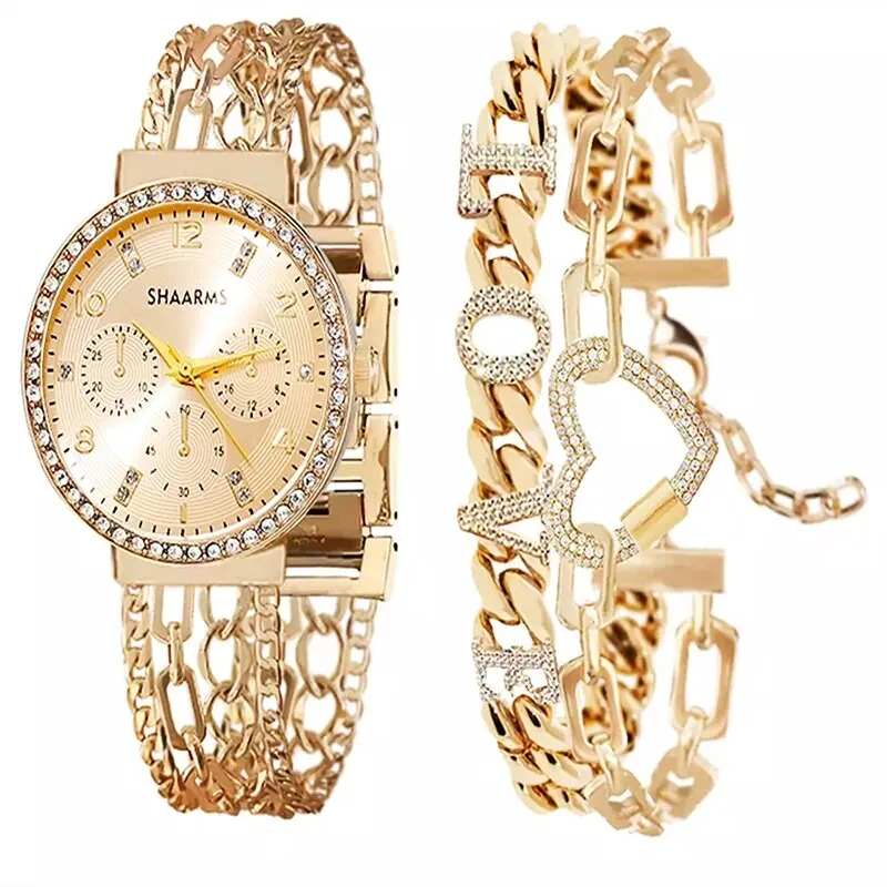 Женские кварцевые часы с цепочкой SHARMS, Золотые хрустальные часы для любви и набор браслетов, Подарочные часы Montre Femme