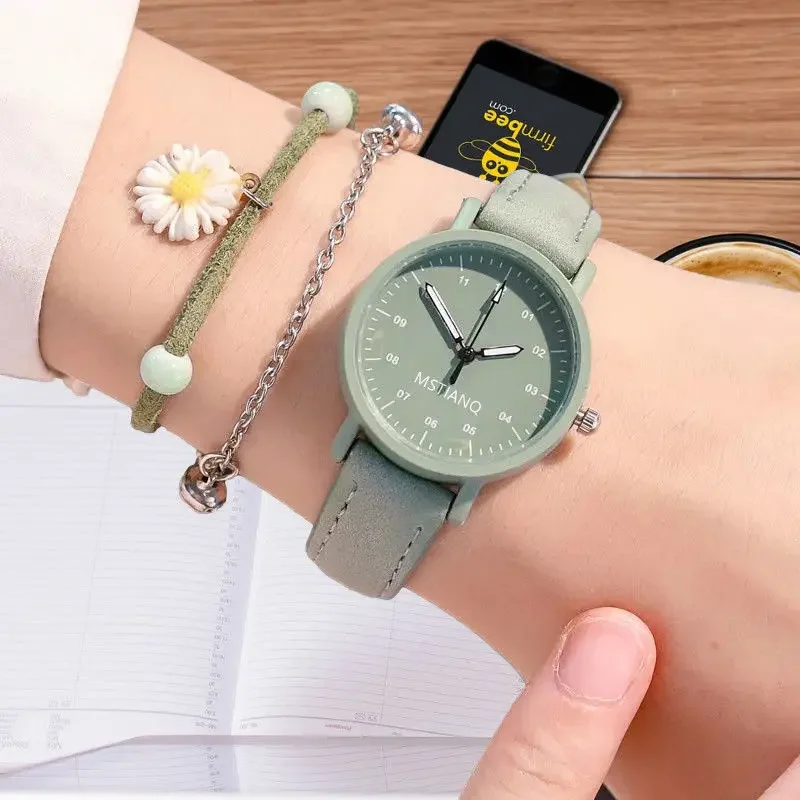 Женские часы с ремешком из искусственной кожи, женские кварцевые часы с водонепроницаемым круглым циферблатом, ретро-часы-браслет, женские наручные часы для девочек