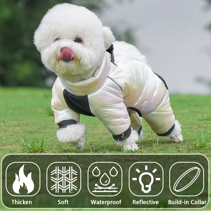 Зимняя куртка-пуховик для собак, водонепроницаемая одежда для маленьких собак, встроенный ошейник, комбинезон для щенков, светоотражающая шуба для домашних животных, французский бульдог
