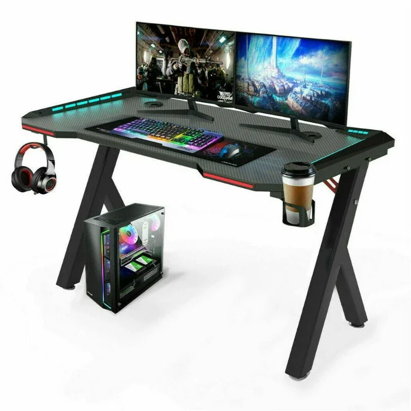 Игровой стол ПК Компьютерный стол для геймеров Эргономичная рабочая станция со светодиодной подсветкой RGB, крючок для наушников, подстаканник для домашних офисов