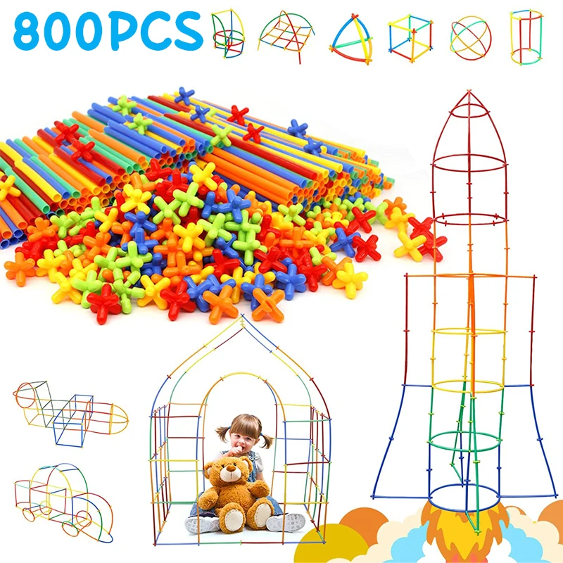 Игрушки-конструкторы STEM, 800 штук, соломенные игрушки, пластиковые игрушки для дома и улицы, строительные блоки, развивающие игрушки Монтессори