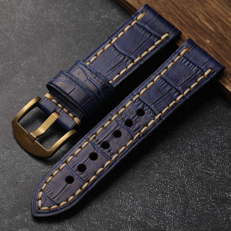 Кожаный ремешок для часов с рисунком страусиной лапки ручной работы + бронзовая пряжка, 24 мм, коричневый, винтажный, утолщенный, винтажный стиль