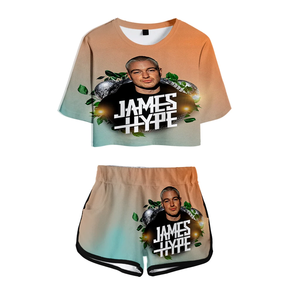 Комплекты для любителей музыки James Hype, обнажающие живот, короткие футболки с принтом, комплекты для спортзала, уличная одежда, короткие брюки в стиле поп, женские