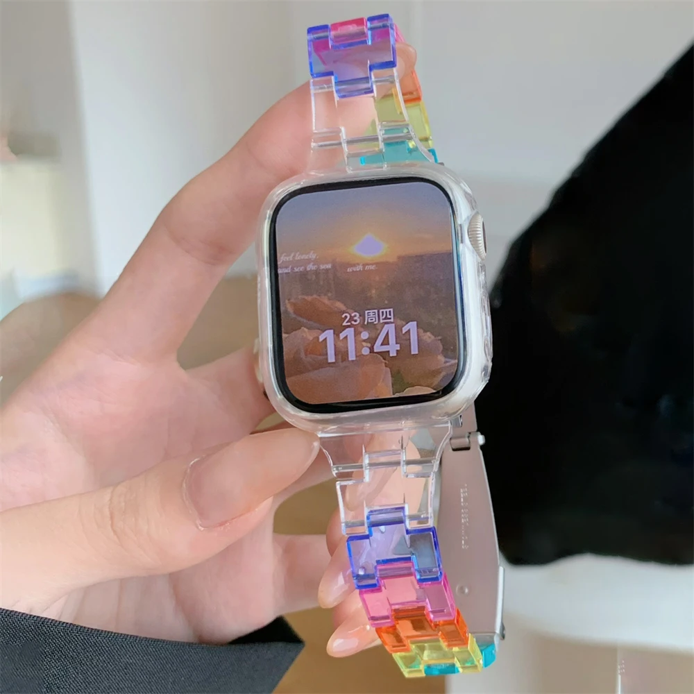 Корейский ремешок Радужного цвета Для Apple Watch 7 6 5 SE 8 С Ультратонким ремешком На талии, Ремешок из Прозрачной смолы Для iwatch Band 41 мм 49 45 38 40 мм