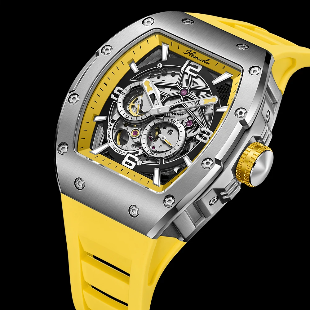 Механические автоматические наручные часы HEMUDU Sapphire Skeleton Водонепроницаемые роскошные мужские часы с квадратным корпусом из нержавеющей стали 316L