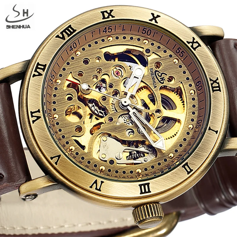 Механические часы SHENHUA в стиле ретро-скелет, мужские Бронзовые Кожаные спортивные автоматические наручные часы Relogio Masculino в стиле стимпанк