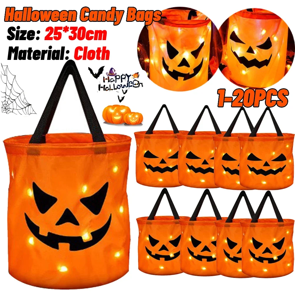 Многоцелевые сумки для вечеринок на Хэллоуин со светодиодной подсветкой, Многоразовая Корзина из тыквы, Большая для детских принадлежностей для вечеринок