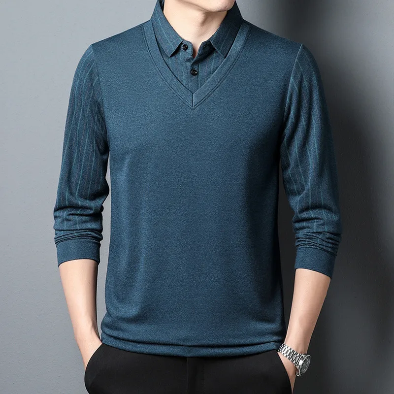 Модная мужская рубашка поло в полоску с длинным рукавом, повседневная тонкая осенне-весенняя одежда, мужская рубашка поло в корейском стиле, топы