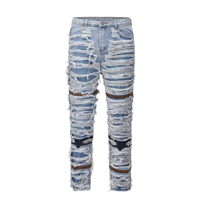 Модные джинсы Hi Street Destructed С заплатками, мужская уличная одежда, рваные джинсовые брюки, облегающие эластичные потертые брюки