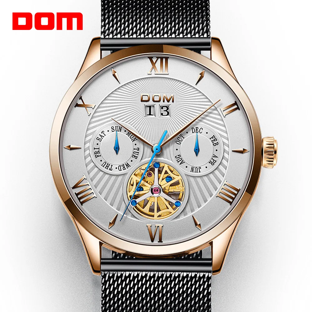Модные мужские часы DOM, лучший бренд, роскошные часы-скелет, мужские спортивные механические наручные часы с турбийоном из стали M-1272