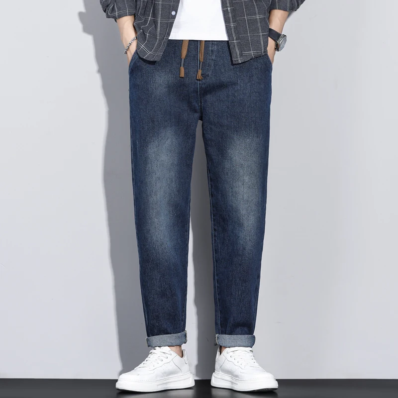 Модные универсальные мужские джинсы Ins высокого качества с эластичной резинкой на талии, узкие джинсовые брюки, брендовые повседневные Японские уличные мужские брюки