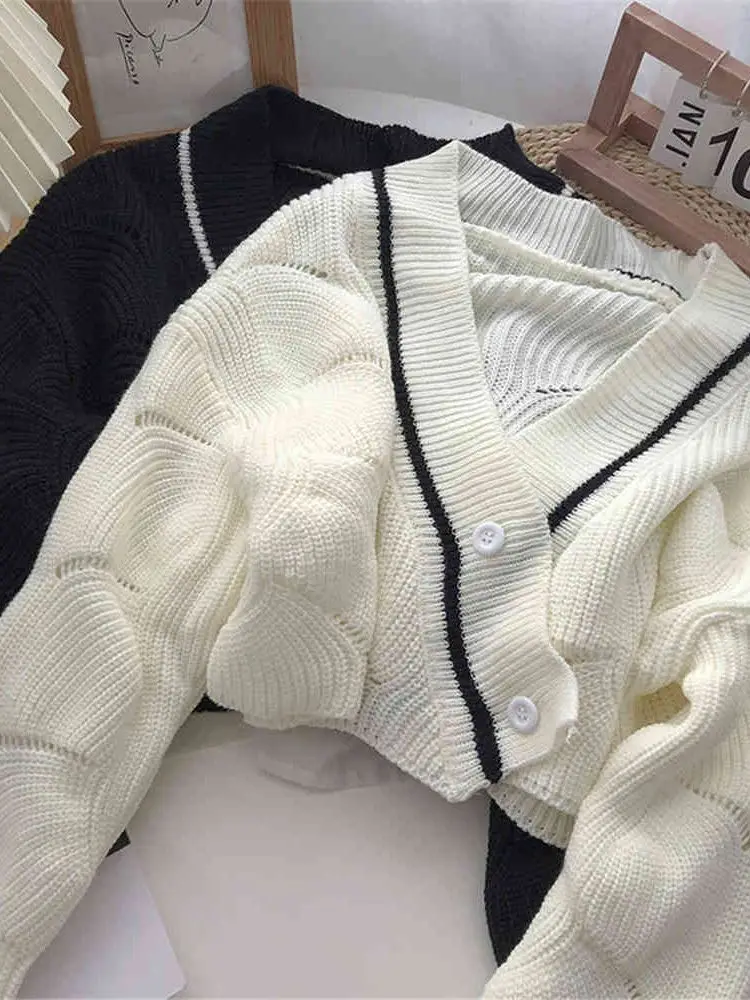 Модный Новый вязаный свитер с перекрестным V-образным вырезом, Женские Корейские короткие Кардиганы, Трикотаж в тон, однотонный свободный топ с длинным рукавом, Элегантный