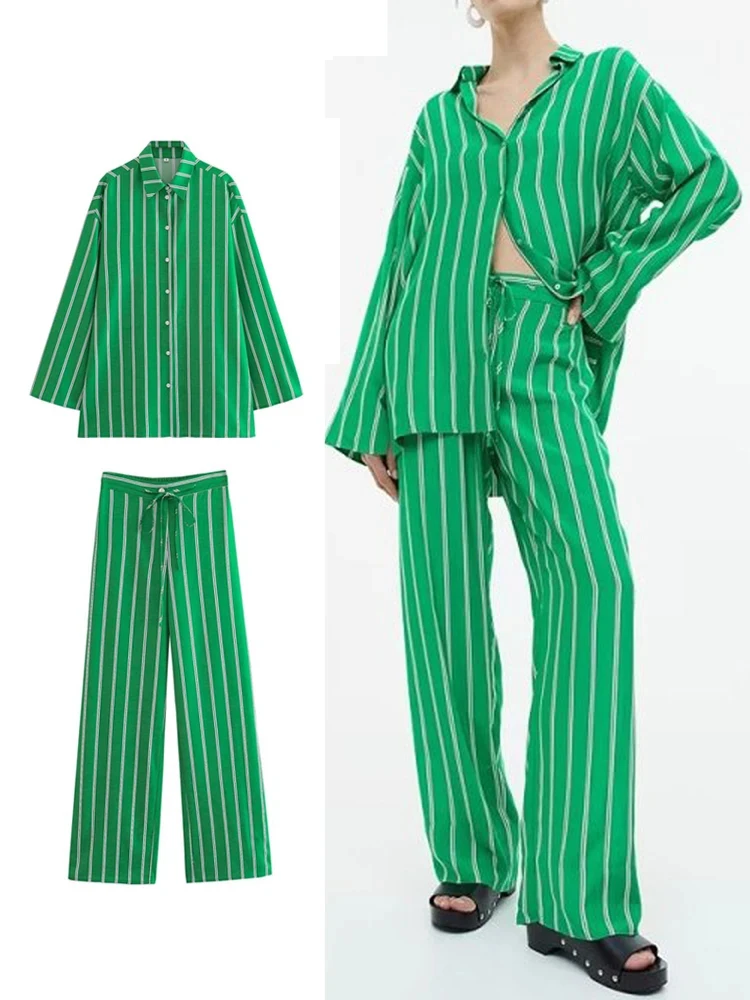 Модный женский пижамный комплект в зеленую полоску, свободные Женские повседневные рубашки с длинным рукавом + Широкие брюки с высокой талией, пижамы, комплект из 2 предметов