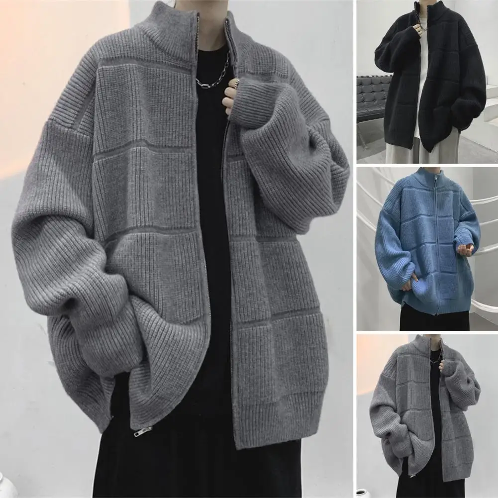 Модный свитер, однотонное пальто, мужской вязаный кардиган с высоким воротником, плотное теплое пальто на молнии для осени-зимы