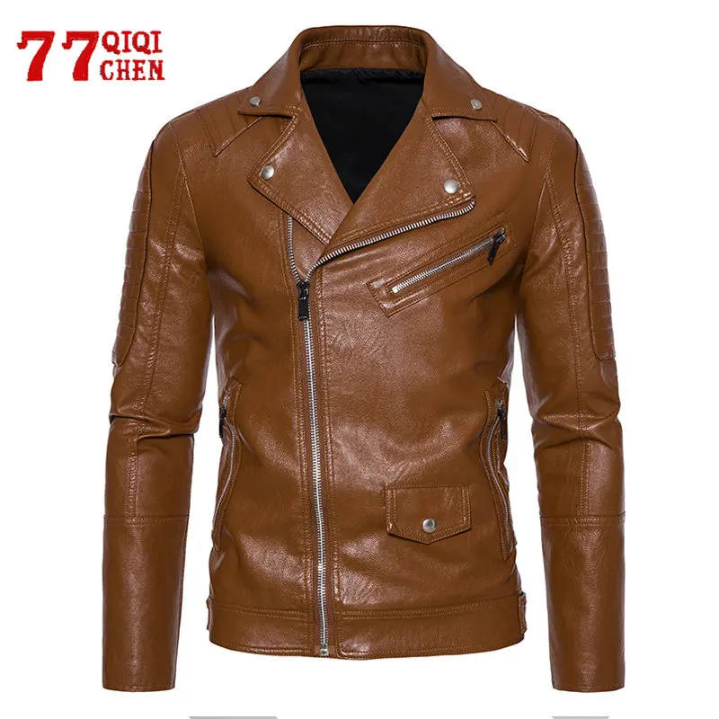 Мужская куртка из искусственной кожи, винтажные мотоциклетные куртки из искусственной кожи с карманом на молнии, модное байкерское пальто Slim Fit, весенние мужские Chaquetas