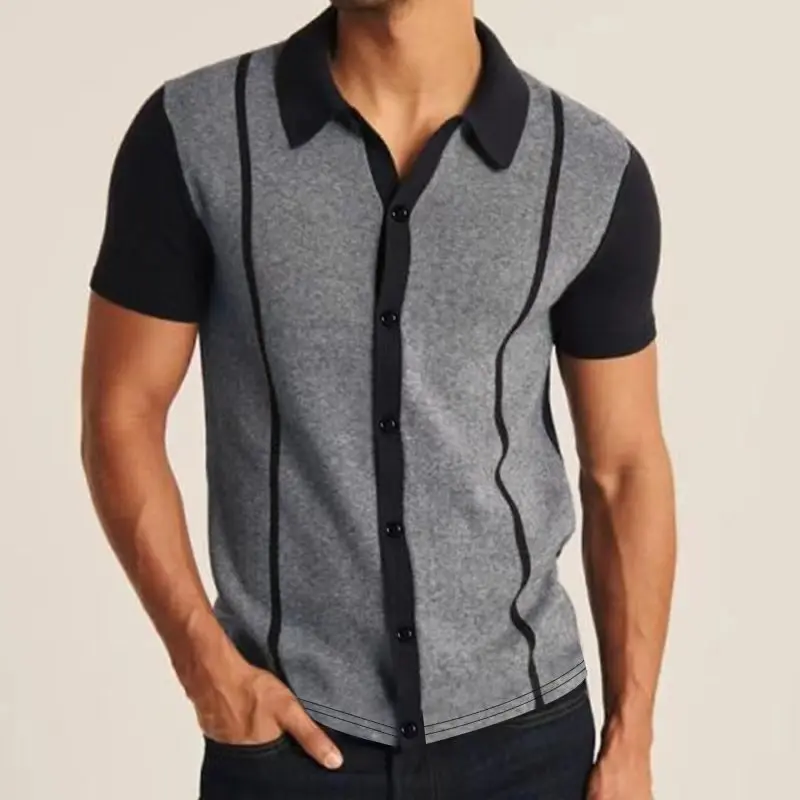 Мужская летняя футболка с коротким рукавом для мужчин, лоскутная футболка 2023, официальная рубашка с лацканами на тонких пуговицах, уличная модная трикотажная рубашка Поло
