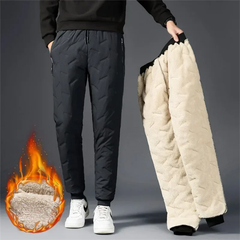 Мужские Пуховые Хлопчатобумажные брюки Больших размеров, Повседневные брюки с очень плотным флисом, Теплые Кашемировые брюки Зимой и теплые L-7xL