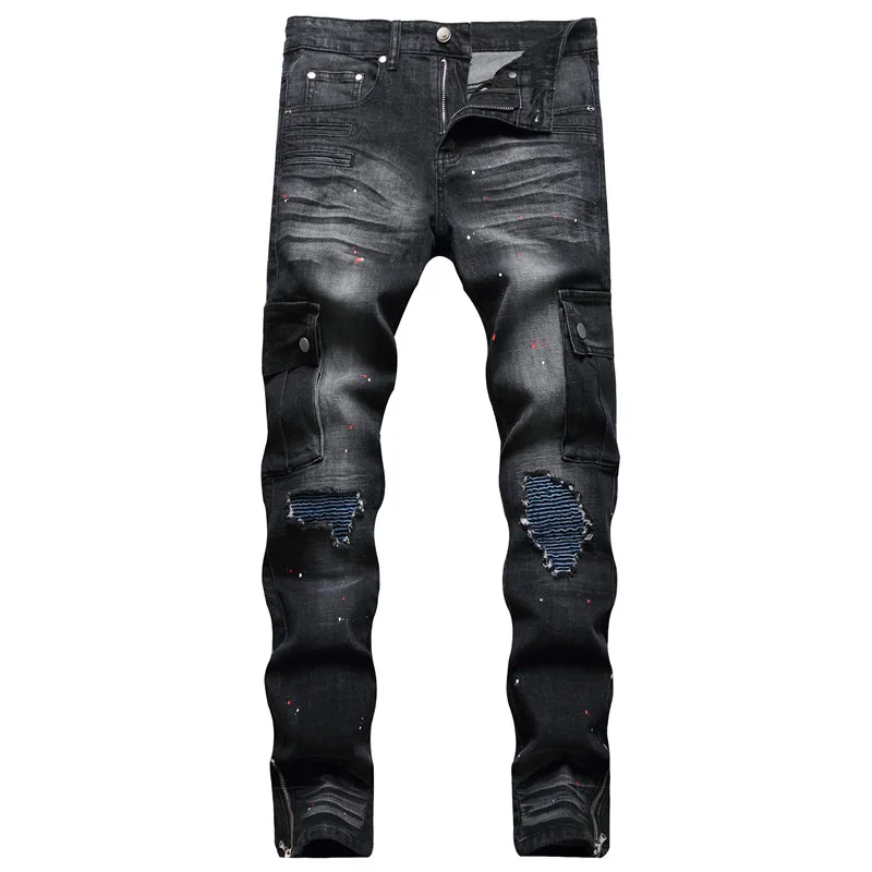 Мужские брюки Hi Street из рваных джинсов с карманами, Модная уличная одежда, плиссированные джинсовые брюки с рисунком, приталенный крой, стрейч, Большой размер 30-44