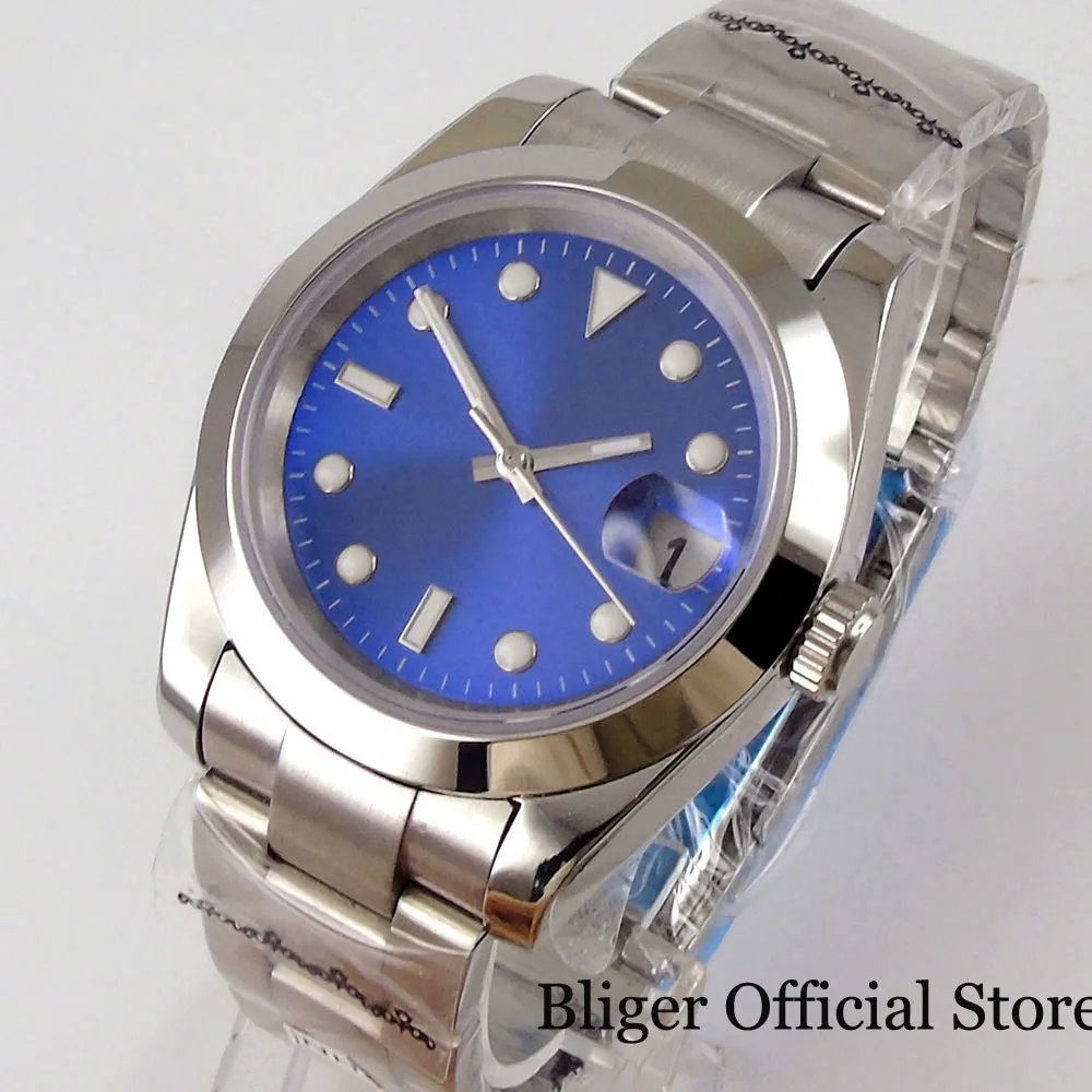 Мужские механические часы BLIGER Sterile Sunburst синего цвета с 24 драгоценными камнями NH35A MIYOTA 8215, матовый браслет Oyster, Светящаяся стрелка