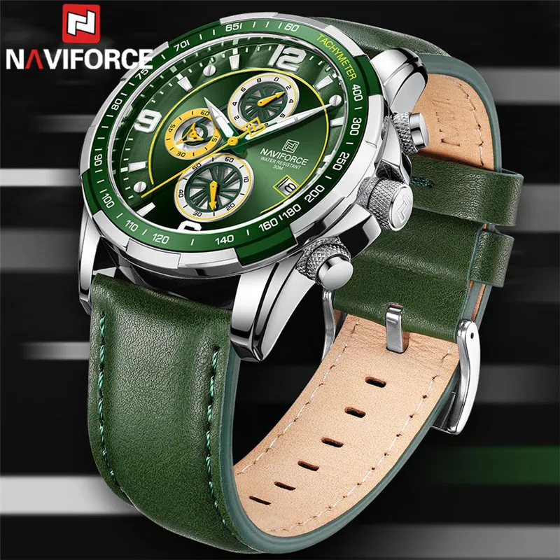 Мужские часы NAVIFORCE, спортивные мужские наручные часы, лучший бренд класса люкс, зеленый военный хронограф, кварцевые мужские часы из натуральной кожи, подарок 8020